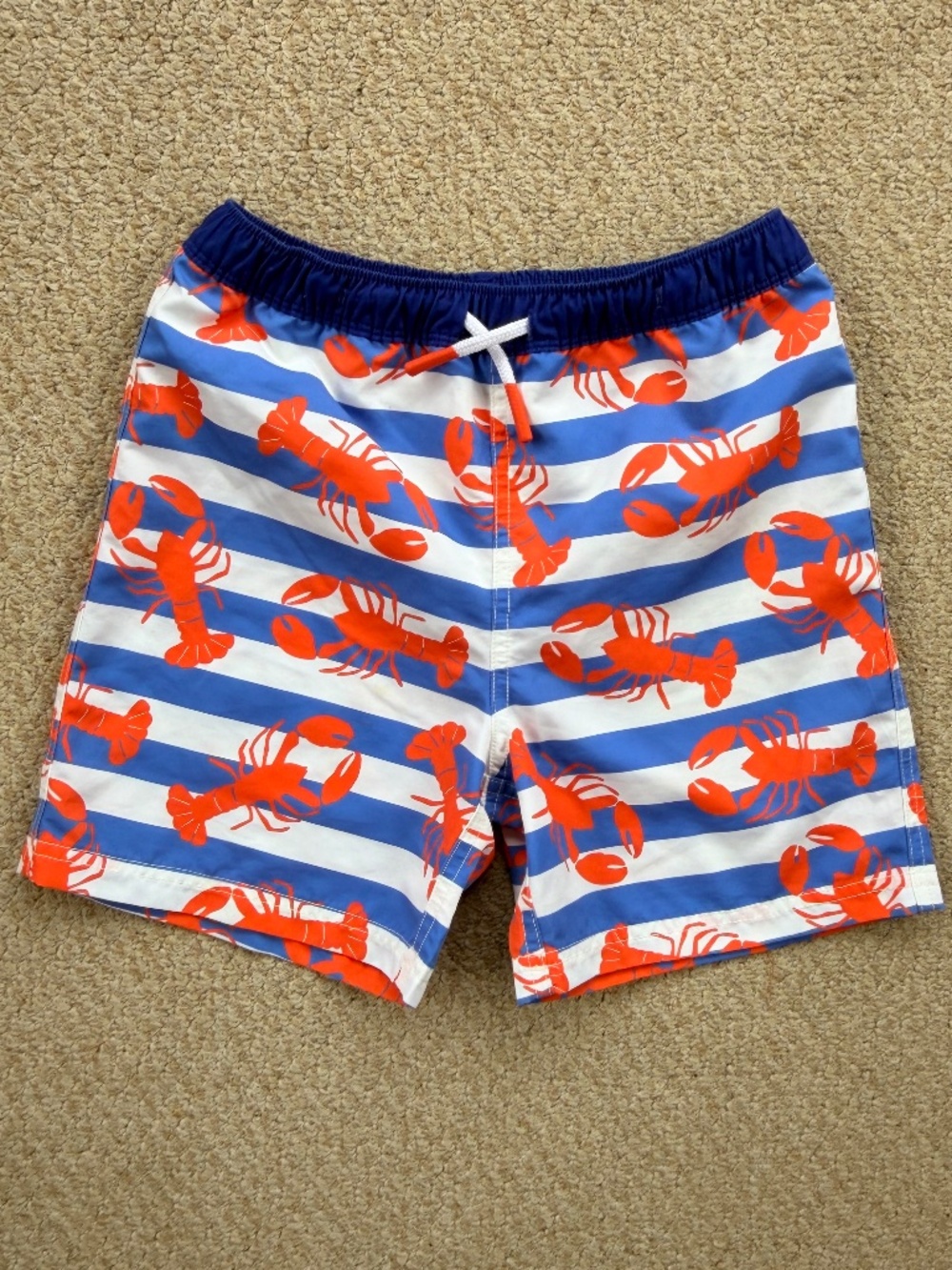 Mini Boden Blue & White Stripe with Lobsters Swim Trunks Size 7-8
